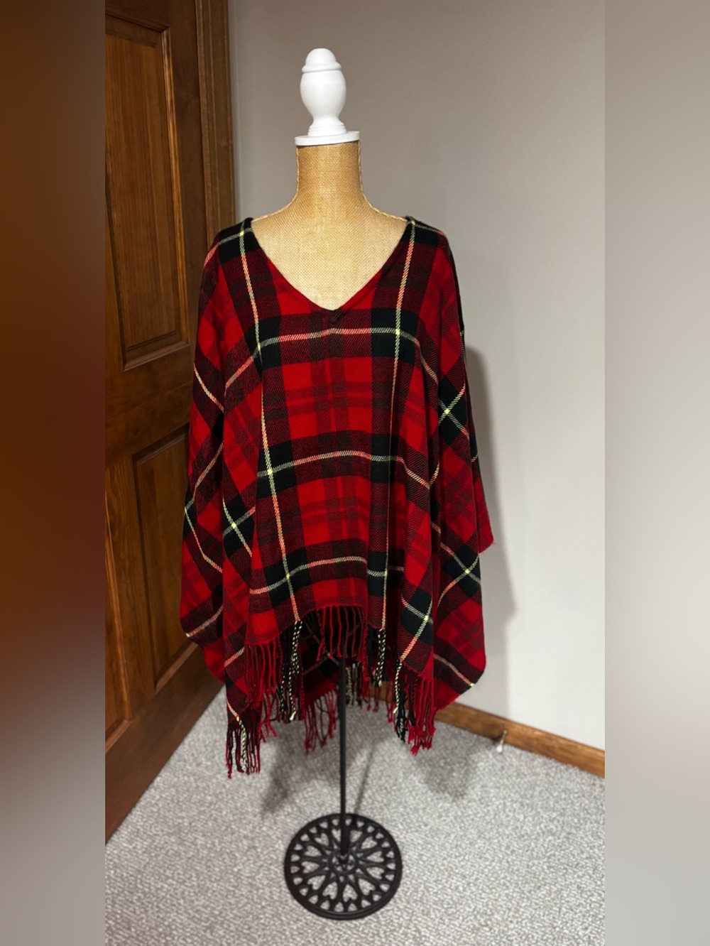 Forever 21 Red Plaid Fringe Poncho